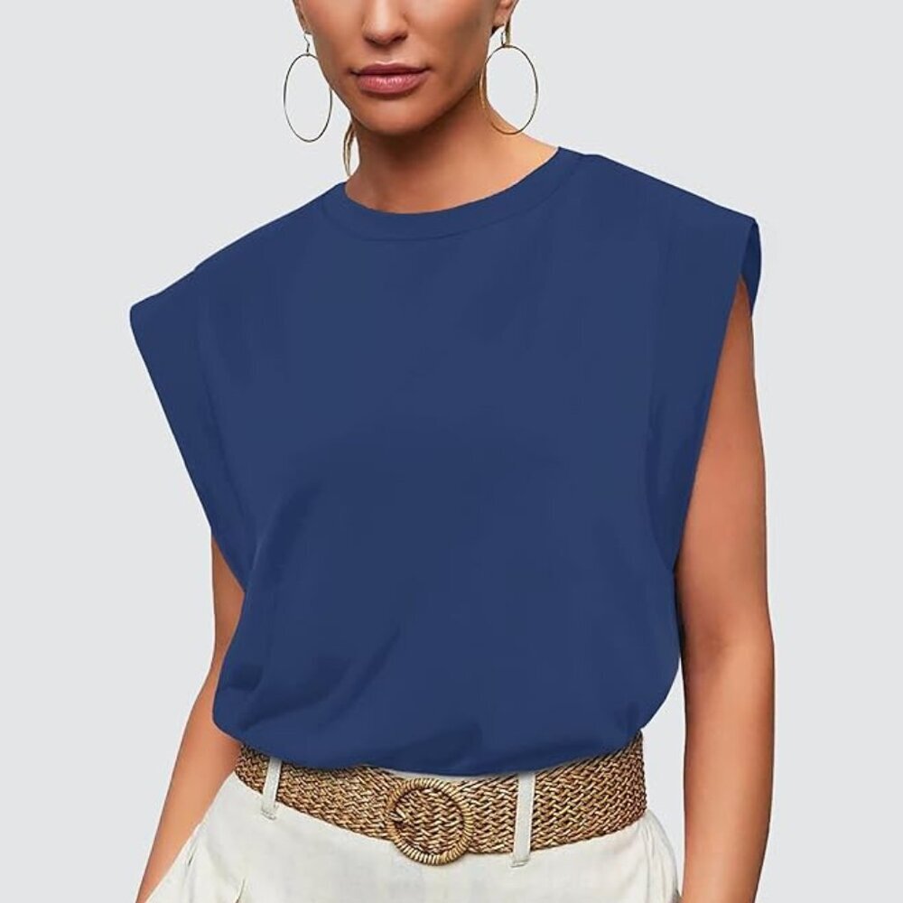 Wiholl Navy Cap Sleeve Blouse Top Summer Basic Tee Shirts Casual Tank Loose Fit